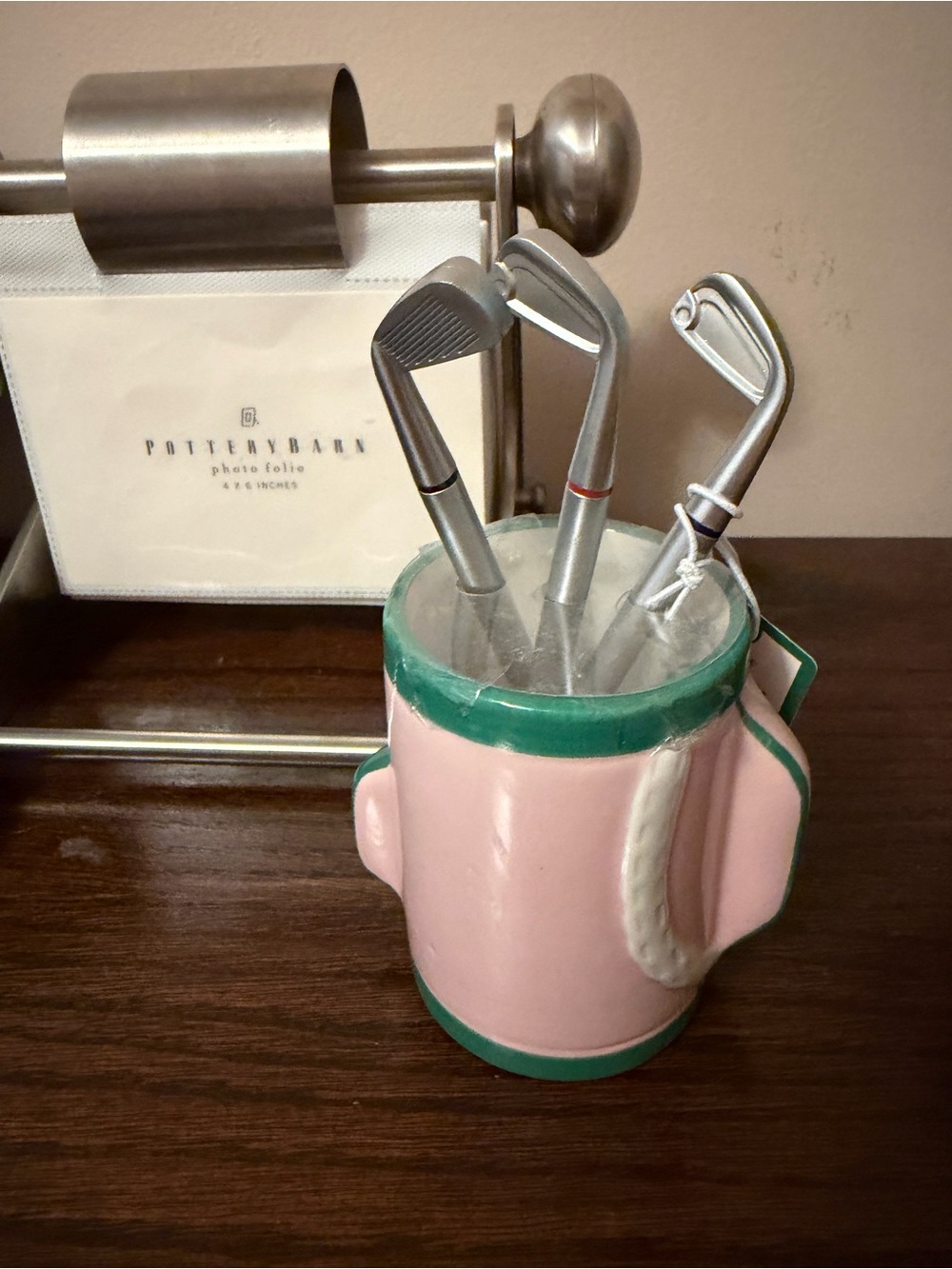 Pink and Green Ceramic Golf Bag Cup with pens